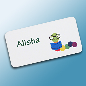 UV color logo laser engraved plastic name tag with a logo and first name.