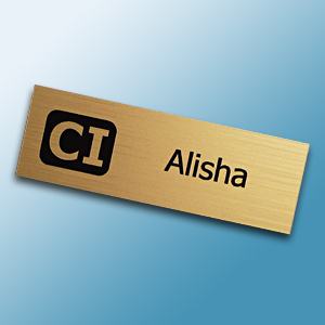 laser engraved plastic name tag with a logo and first name.