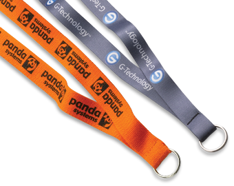 An orange lanyard with black imprinting featuring a logo and company name with a gray lanyard with color printing.