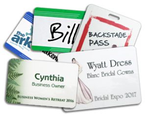 a variety of available sizes and examples of event name tags