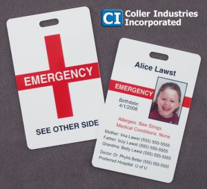 using a photo identification name tag as an emergency contact card