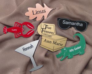 using custom shape name tags for holiday ornaments, decorations and corporate branding