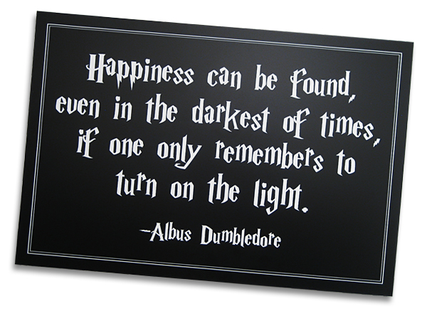 A quote from Harry Potter displayed on engraved plastic.