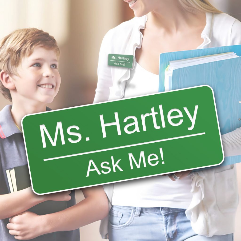 Teacher with a classic custom designed name tag.