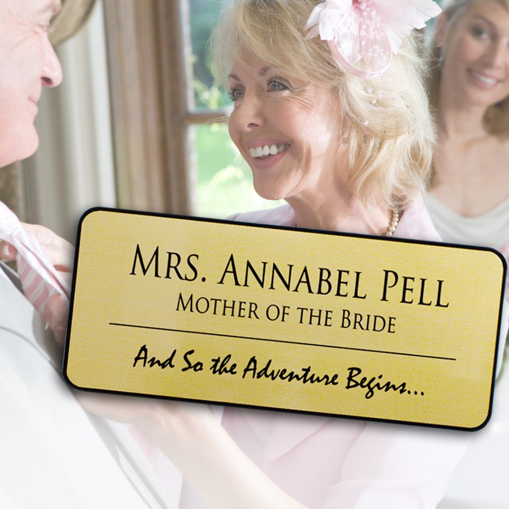 Women at a family wedding with a classic custom tag.