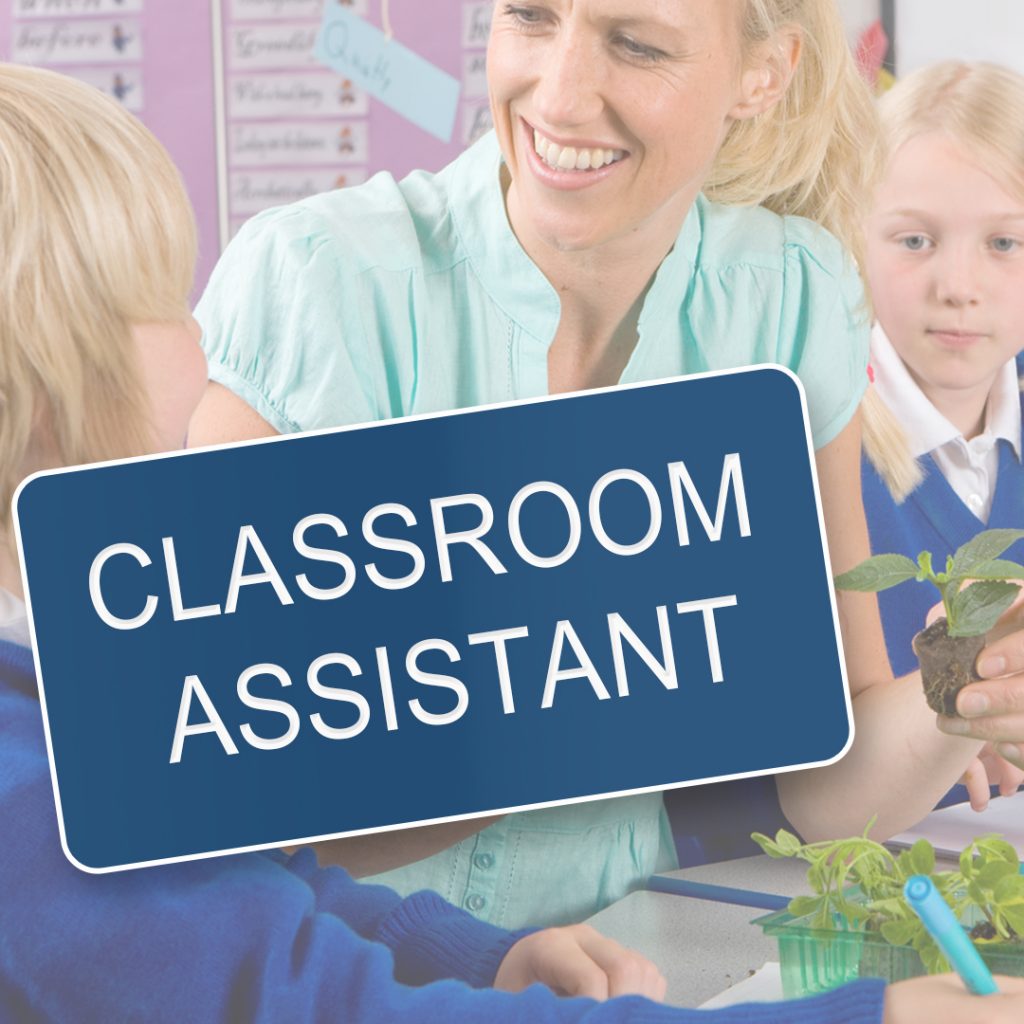 School classroom assistant with stock template name tag.