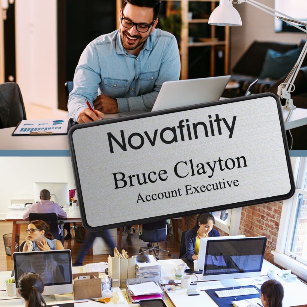 Account executive with a classic custom name tag.