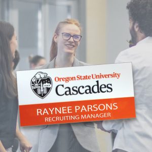 Recruiting manager at a university and a full color name tag.