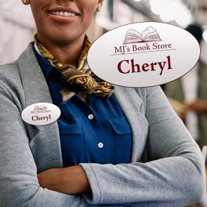 Book store employee with a custom shaped oval name tag.