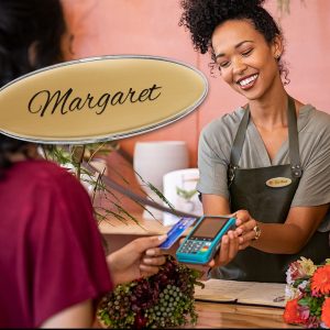 Florist with an oval shaped Mighty Badge.