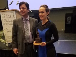 2017 Granite Education Foundation award dinner Gary Coller and recipient Emily Lehnardt.